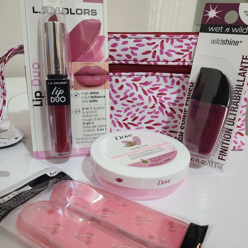 Valentine's Gift Set❤️🩷Makeup pouch, wet n wild, nail file, dove cream and Lip